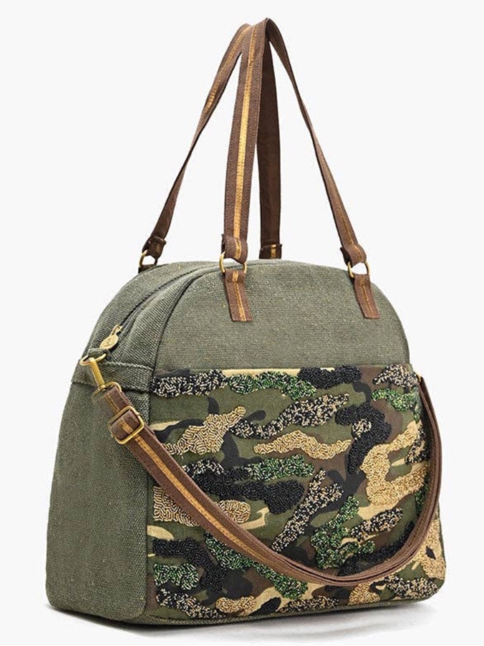 America & Beyond Green Beaded Jet Set Camo Travel Tote Bag Overnight